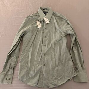 NWT Express Modern Fit Stretch Cotton Checkered Collared Lind Sleeve Shirt